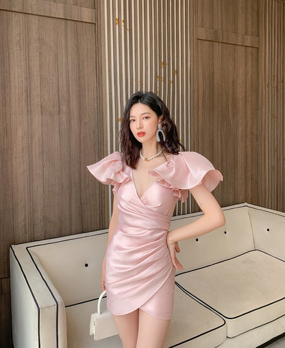 DOLLY Elegant V-Neck Short Flying Sleeve Hip Wrap Short Dinner Date Dress-KELA