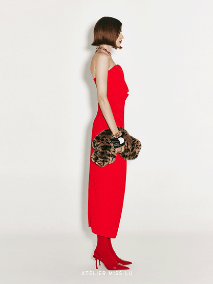 ATELIER MISS LU fall/winter irregular pleated design bandeau red dress -STEVE