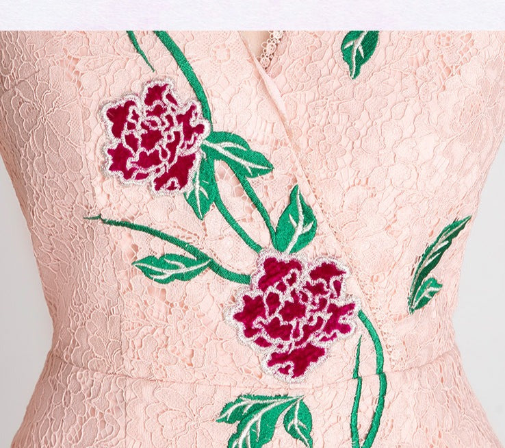 Magic Q coral V-neck rose embroidered short-sleeved lace front slit dress - Imogen