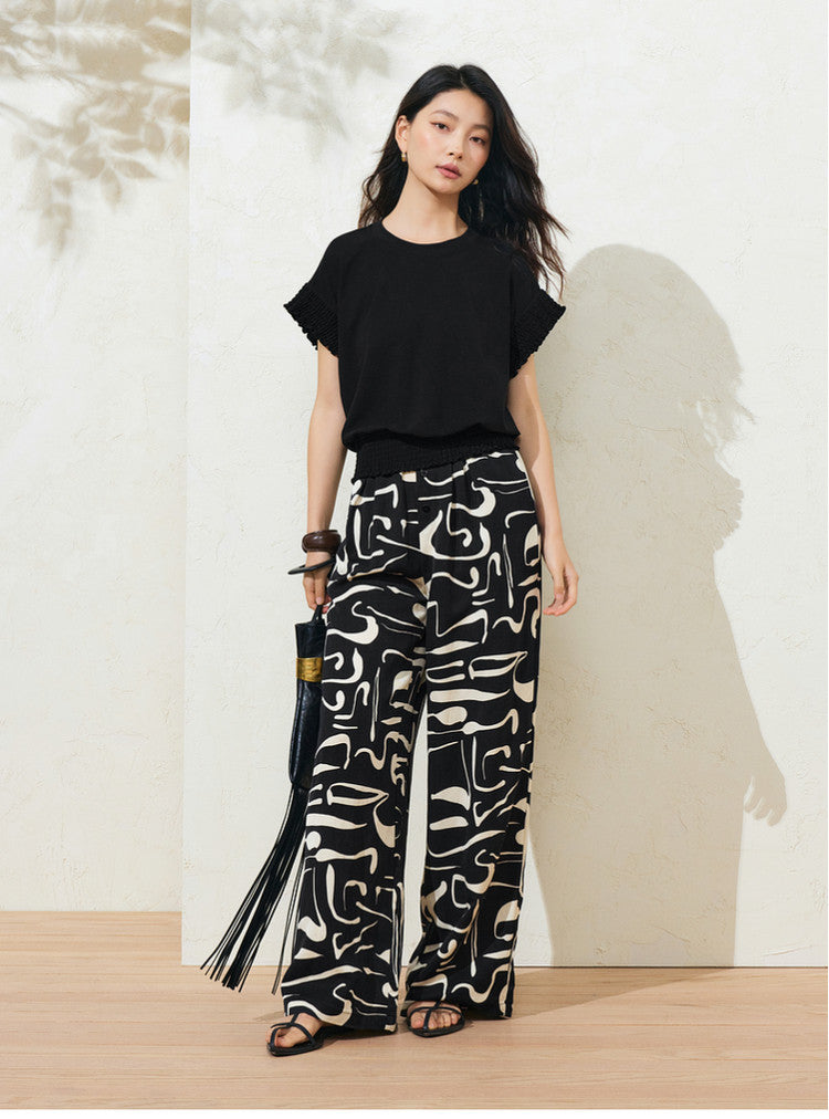 Sushe Neo-Bohemian Tencel linen print drawstring tie wide-leg slacks -JULIET