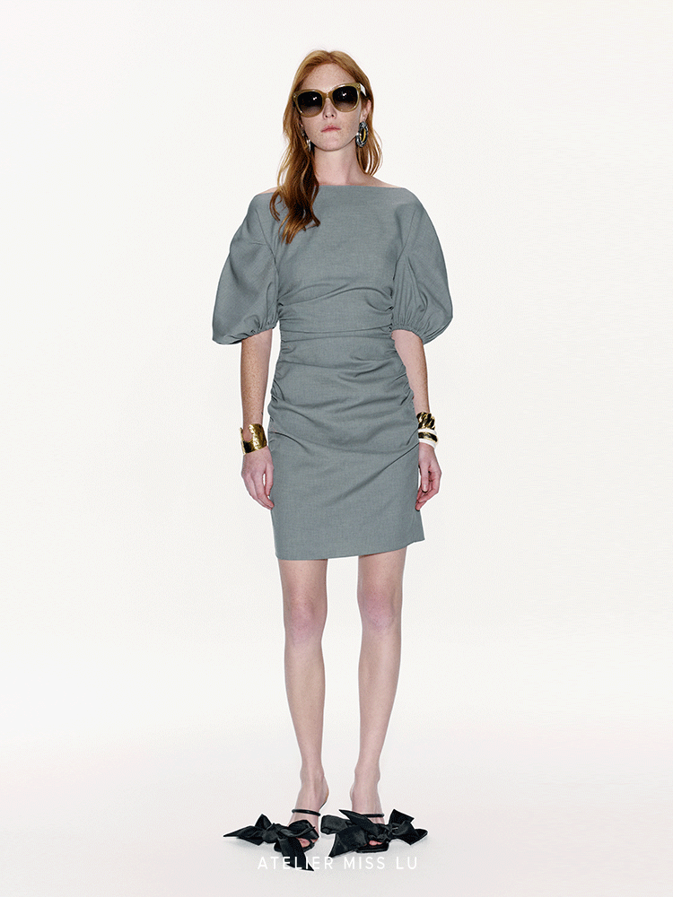 ATELIER MISS LU  Straight Neck Slim Silhouette Sleeve Dress - TINSEL.