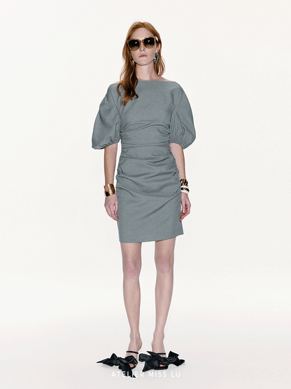 ATELIER MISS LU  Straight Neck Slim Silhouette Sleeve Dress - TINSEL.
