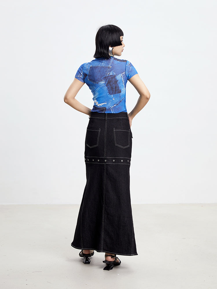 TINY IN denim print sun protection mesh long short sleeve t-shirt -IHU