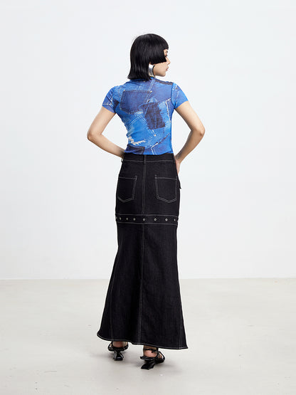 TINY IN denim print sun protection mesh long short sleeve t-shirt -IHU