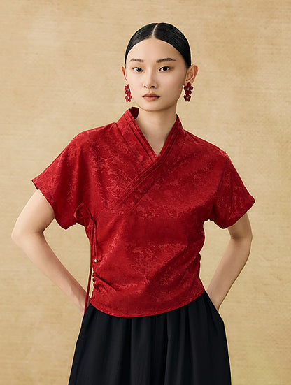 HECO Chinese style summer new slanted V-neck pinch pleated shirt - ASSURE .