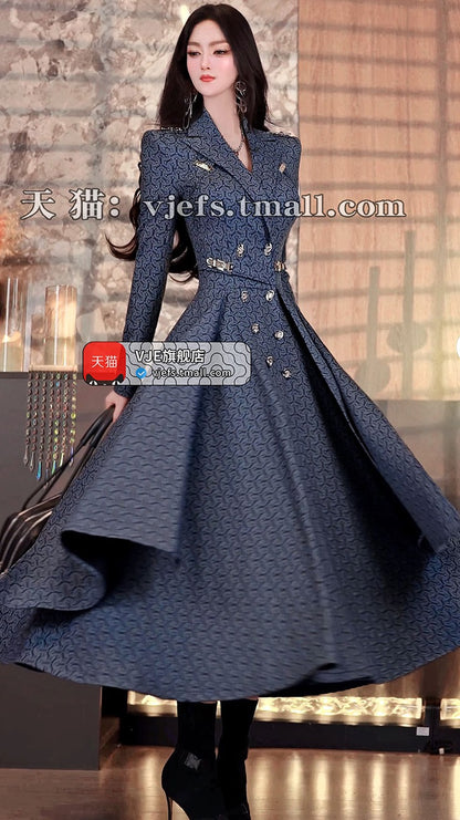 VJE Women's Printed Waist Mid-Length Double-breasted Trench Coat- JOJO.