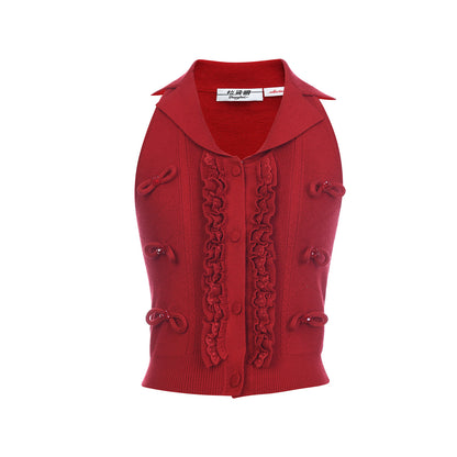 FAME Red sleeveless bow beaded knitted vest - ANASTASIA.