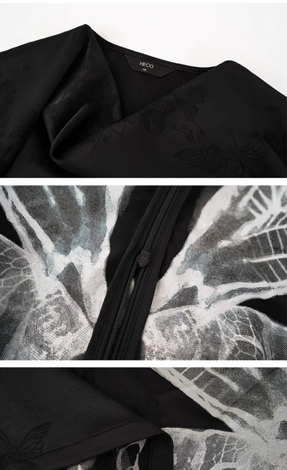 HECO Chinese Art Butterfly Print Swing Neck T-Shirt Waist Slim Top - CONJOR .