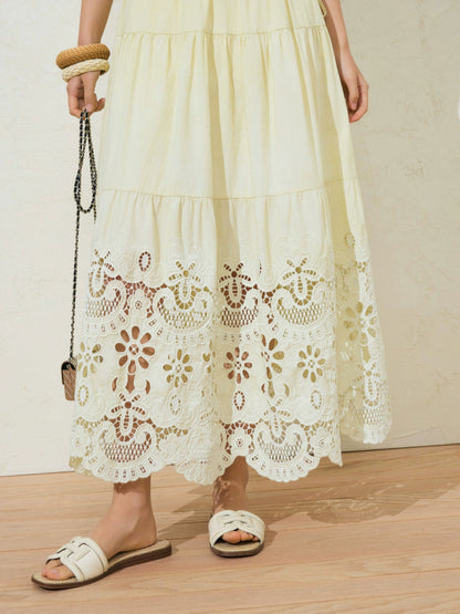 Sushe French Resort Quilted cotton embroidered lace loose A-line long slip dress-LUCY