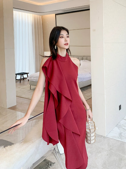 DOLLY Elegant Stand Collar Sleeveless Ruffle Midi Business Dinner Dress-RAINA