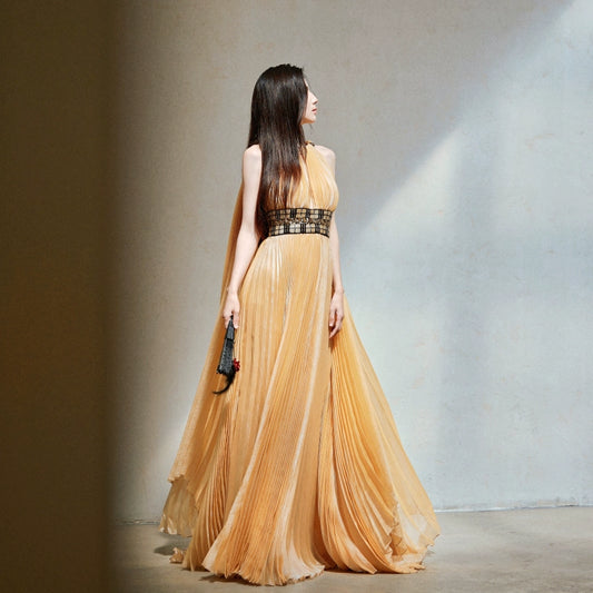 DOLLY High End Gold Sleeveless Halter Shawl Long Pleated Award Night Dress-Linda  (V)