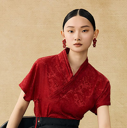 HECO Chinese style summer new slanted V-neck pinch pleated shirt - ASSURE .