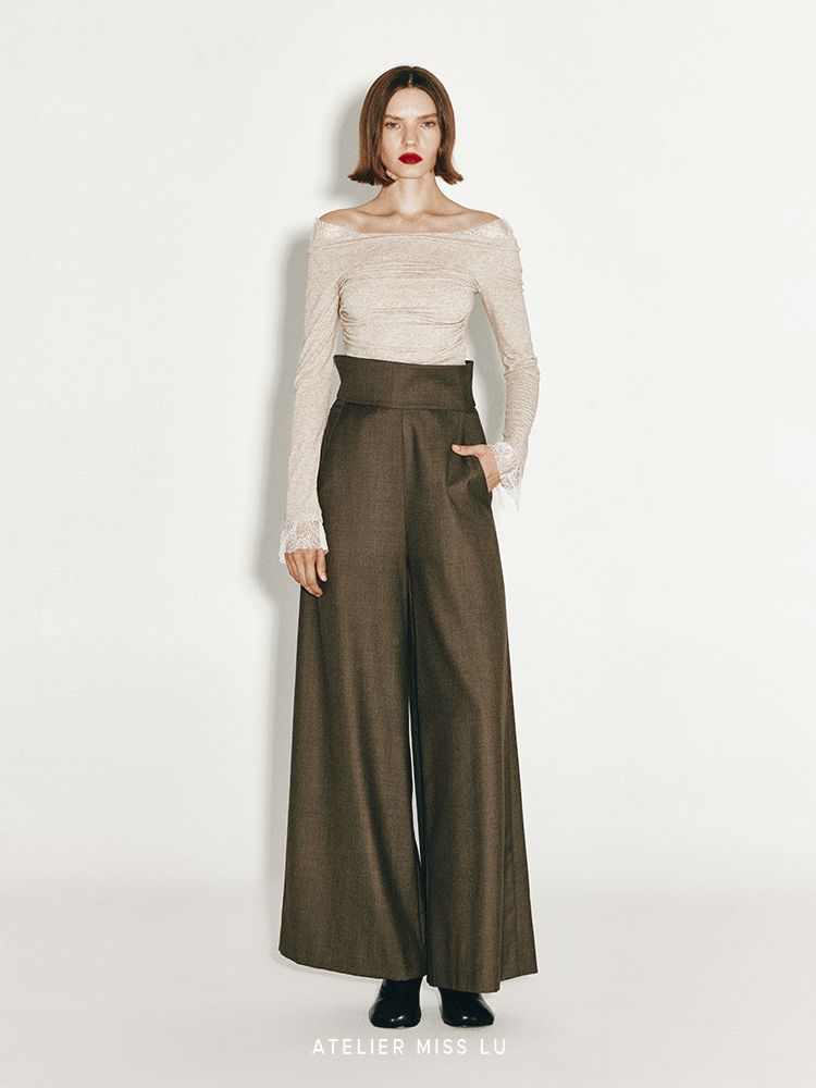 ATELIER MISS LU Cotton Wool Wide-leg Pants - PEPPER