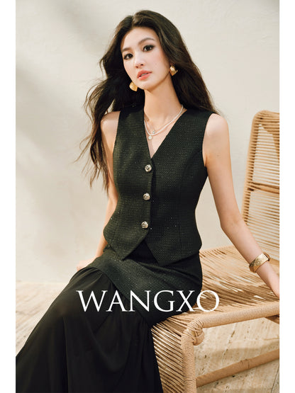 WANGXO |Light Georgette V-Neck Vest & Flowing  Skirt Suit Set-RINA