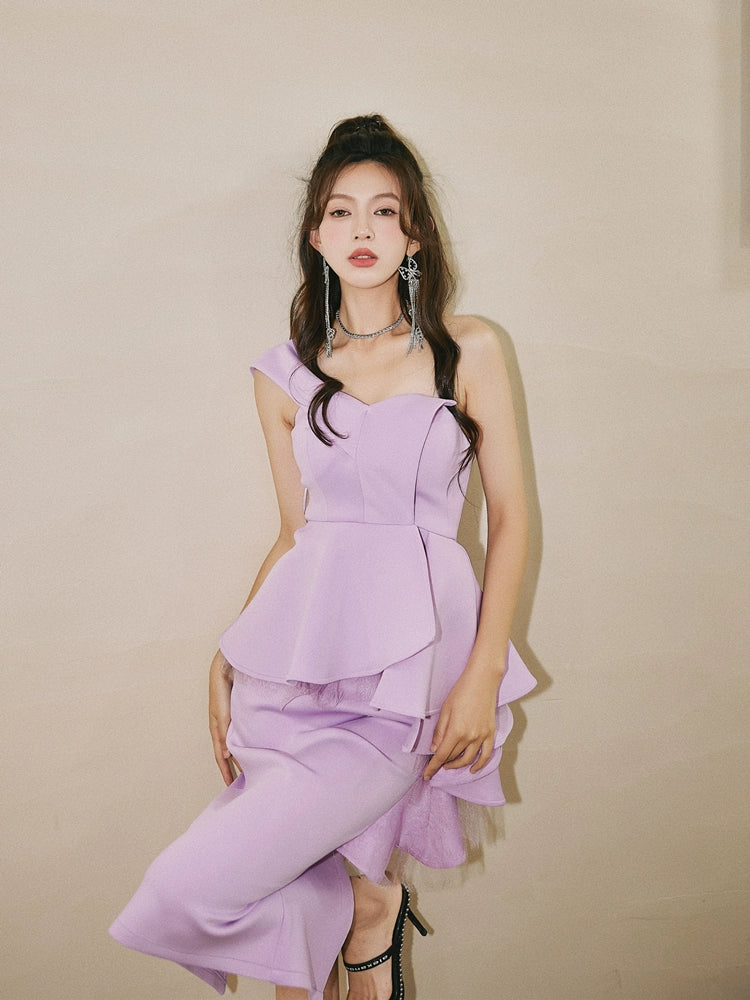 DOLLY High End Ruffled Fake Two Piece French Lace Off Shoulder Midi Office Dress-BRYONY