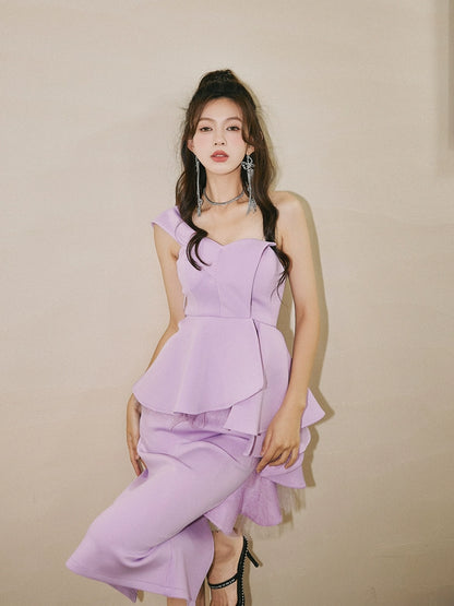 DOLLY High End Ruffled Fake Two Piece French Lace Off Shoulder Midi Office Dress-BRYONY