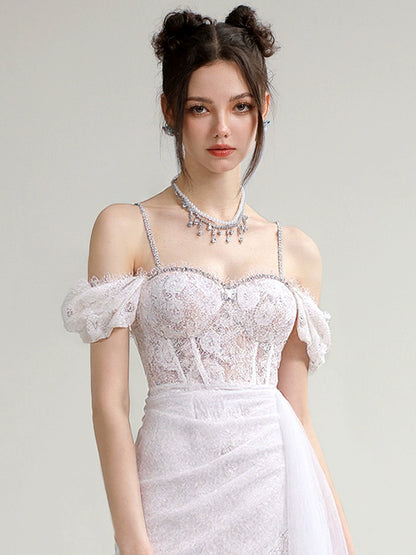 CHECOCRE ELEGANT DIAMOND CHAIN PUFF SLEEVE WHITE DRESS  - IDOWU