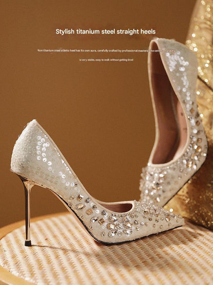 PJJUU pointed toe high heeled rhinestone shoes - GLAP.