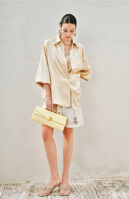 WANGXO | Hemp-Textured Acetate Satin  ight Luxury Lace Suspender, Shirt & Trousers Three-Piece Set- SARI