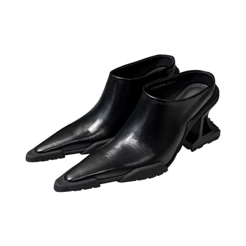 ANNAKIKI Black Genuine Leather Special-Shaped High Heeled Single Shoes -GORO