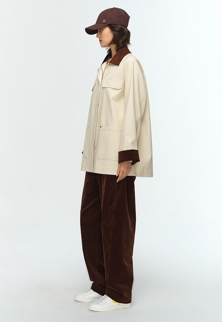 COMME MOI Lu Yan designer's new color contrasting corduroy cargo cropped jacket - ADAM.