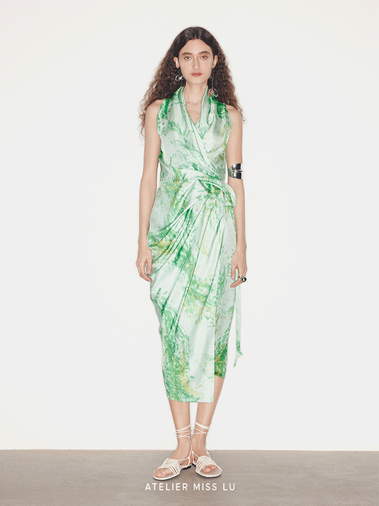 ATELIER MISS LU Spring Summer Printed Mulberry Silk Wrap Dress - HONOR.