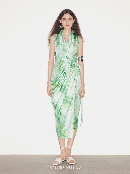 ATELIER MISS LU Spring Summer Printed Mulberry Silk Wrap Dress - HONOR.