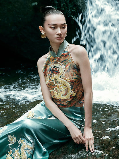 HECO Chinese Retro Mural Golden Dragon Embroidered Vest Top - ERIKA.