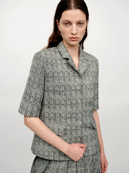 SERRER Black & White Textured Short Sleeve Blazer - EMMA.