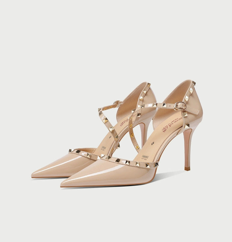 PJJUU Summer leather strappy stiletto nude toe studded heels - LEVI