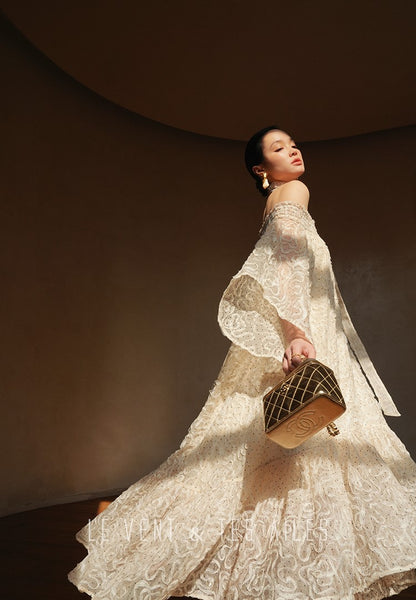 LE VENT&TES AILES Luxury off-Shoulder Lace Jacquard 3d Detailing white Dress- ZORA