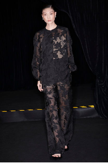 M essential Mackay designer slashed silk-cut semi-sheer lace pant top - indigo.