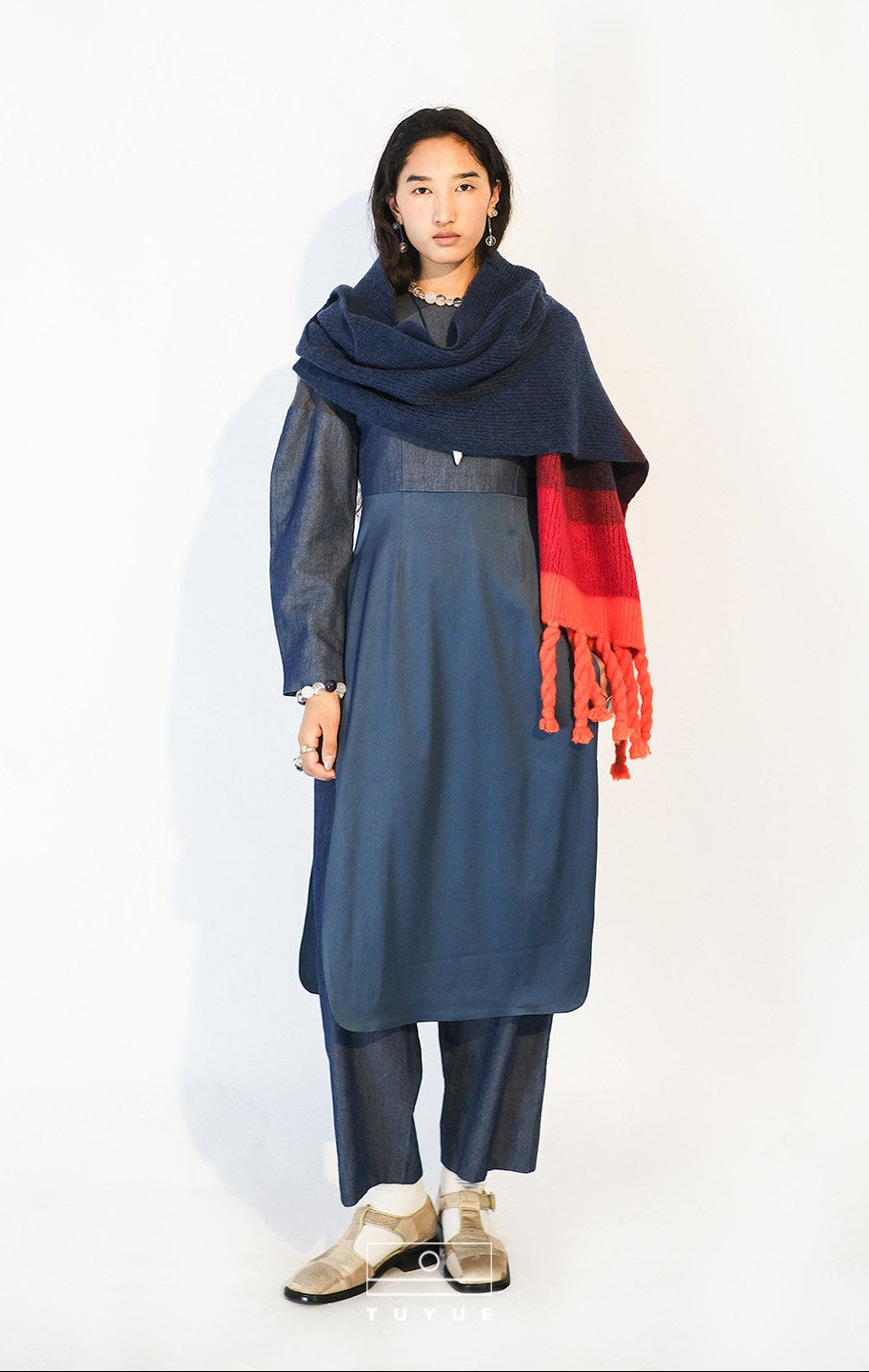 TUYUE Denim Blue Silk Cotton Crew Neck Dress- VERITY.
