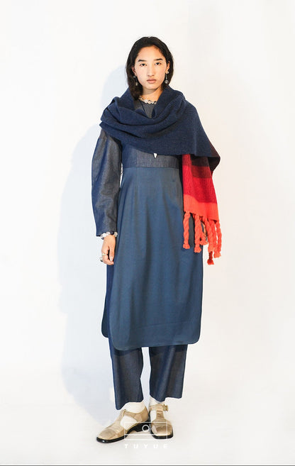 TUYUE Denim Blue Silk Cotton Crew Neck Dress- VERITY.