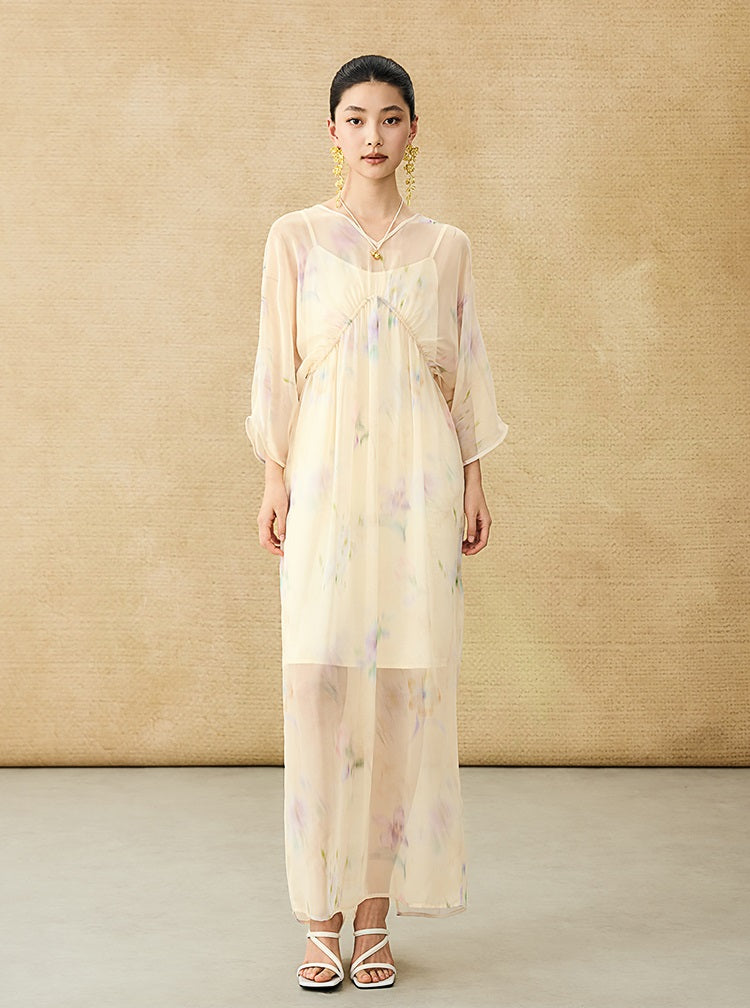 HECO Chinese Resort Style Flowing V-neck Dress - STONE.