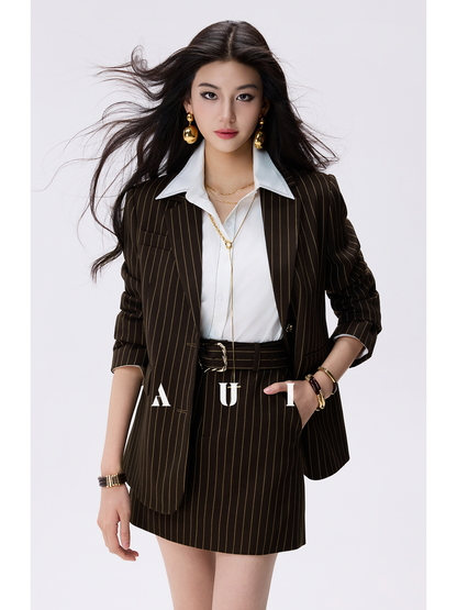 AUI Brown Striped Blazer Long Sleeve Polo Two-Piece Suit Skirt -  Haneul.