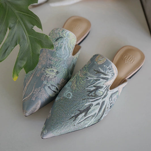 B-FEI vintage satin embossed flat mules-JOYCE.