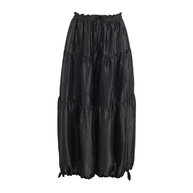 ZHUCHONGYUN black glossy tiered drawstring-cinched loose pants-KURISE.