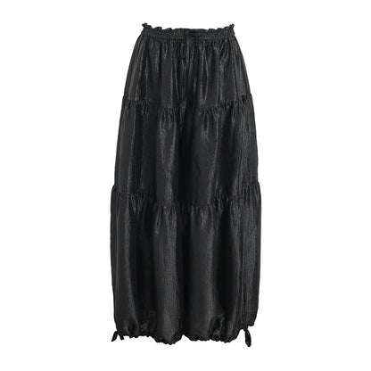 ZHUCHONGYUN black glossy tiered drawstring-cinched loose pants-KURISE.