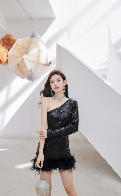 DOLLY Luxury Black Slopping Shoulder Long Sleeve Short Feather Dress-CAITTRIONA