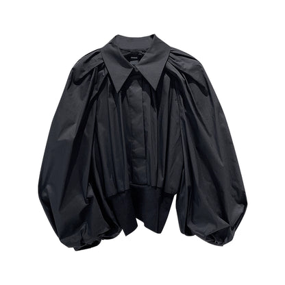 ANNAKIKI Women's Niche Black Puff Long Sleeve Shirt-CHESTNUT