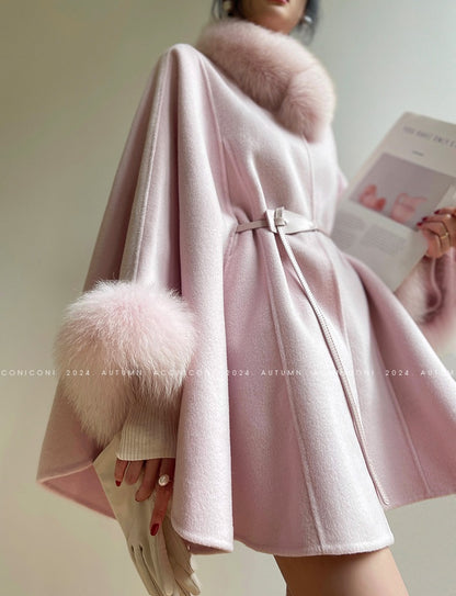 Aconiconi Winter pink wool cape fox fur sleeve double-sided coat-Sakura