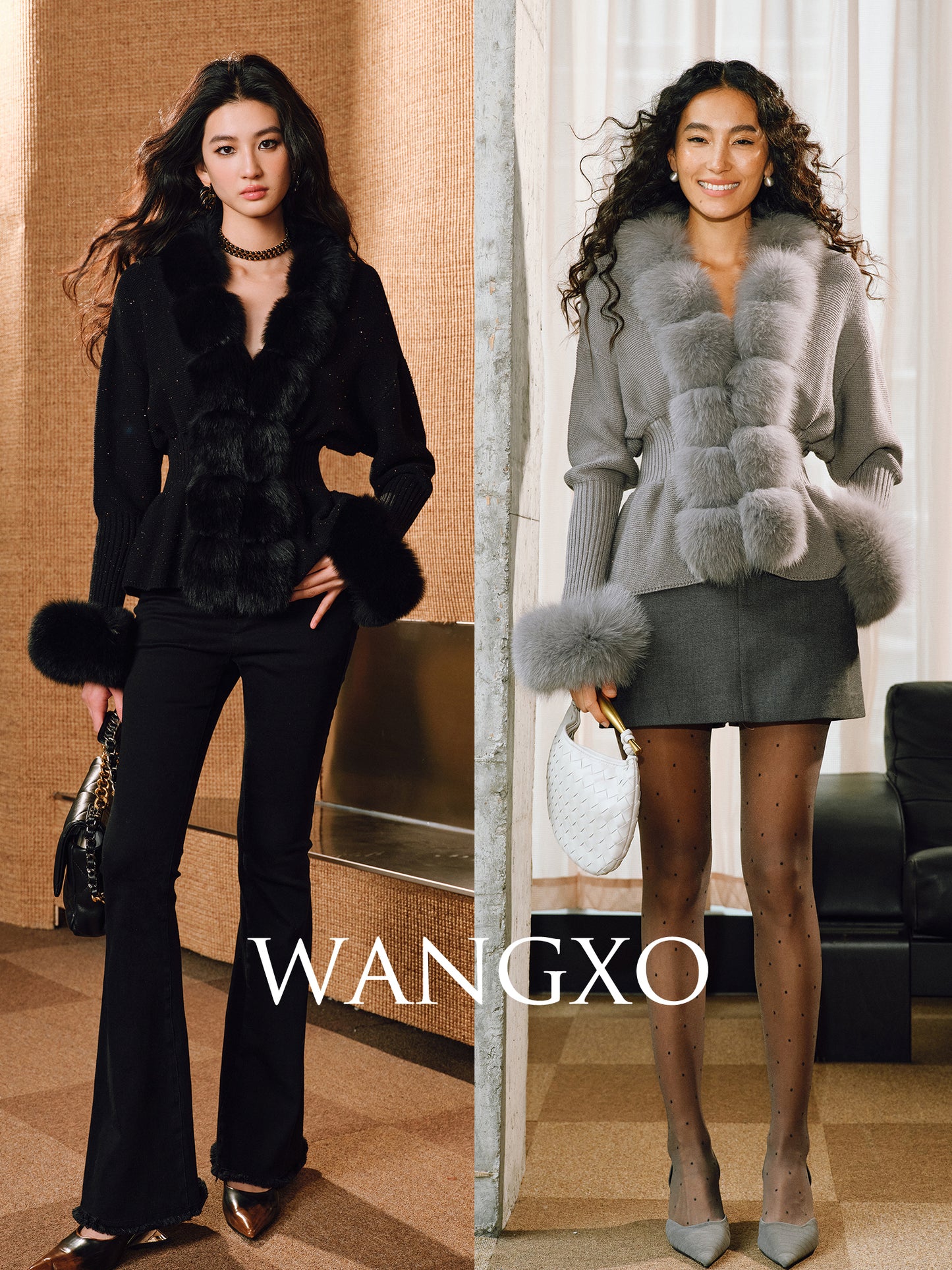 WANGXO | Luxury Wool Detachable Fox Fur Collar Waist Umbrella Hem Knitted Coat- VERA.