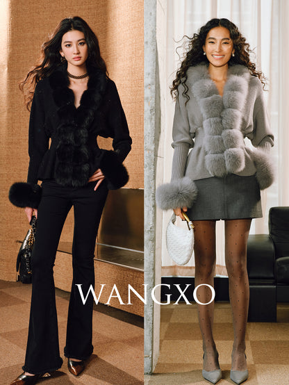WANGXO | Luxury Wool Detachable Fox Fur Collar Waist Umbrella Hem Knitted Coat- VERA.