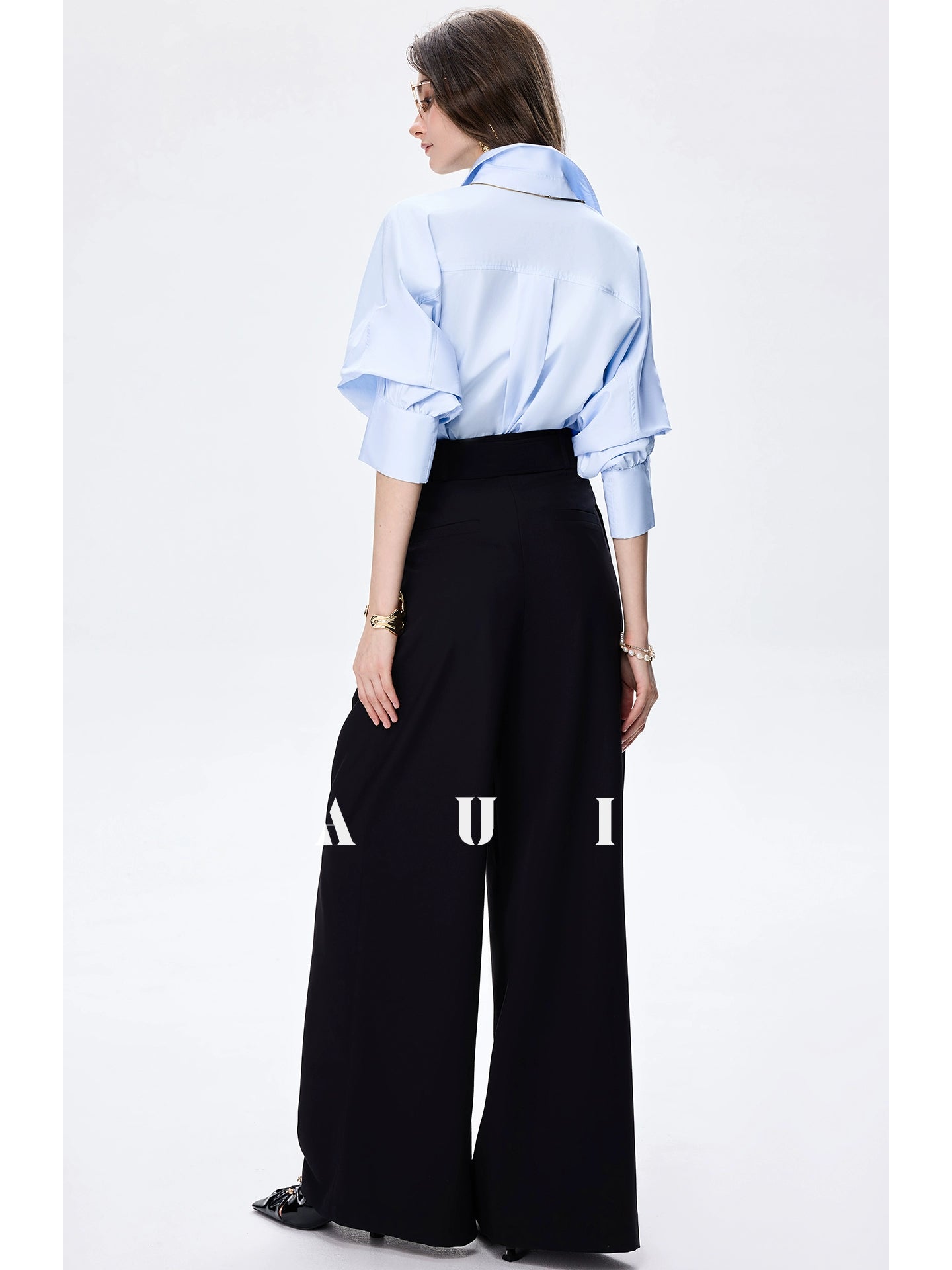 AUI design sense irregular polo collar blue shirt long sleeve top - RESORT.