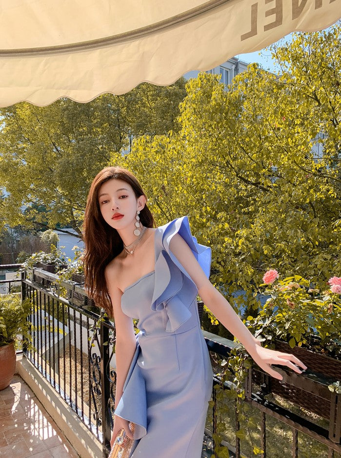 DOLLY Elegant Off Shoulder Ruffle Slim Fit Midi Wedding Guest Dress-JADE