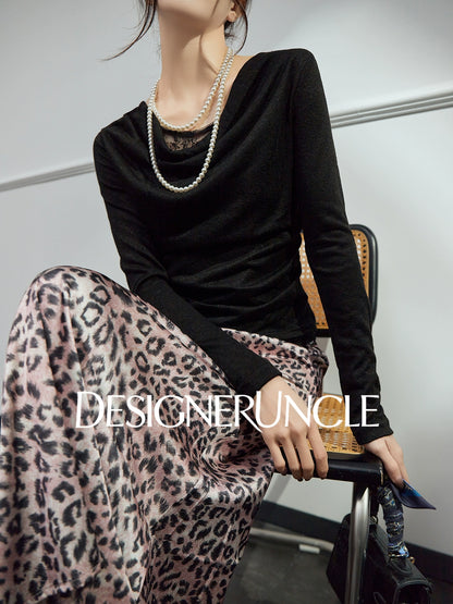 DGU |Black Sexy Lace Splicing Light Luxury Temperament Knitted Top - Brian.