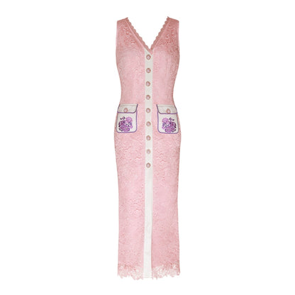 Magic Q pink rose embroidered pocket embellished lapel sleeveless lace dress jacket