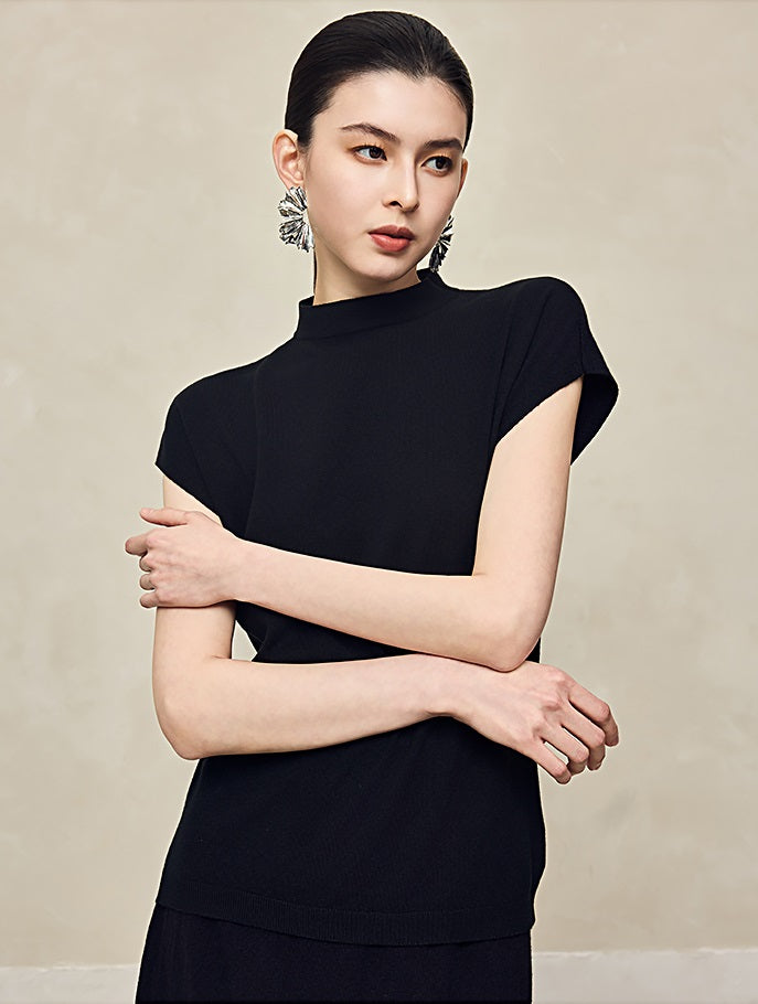 HECO Sleeveless Slim Mock Collar Red Black Gray Knit Top  - THRONE.