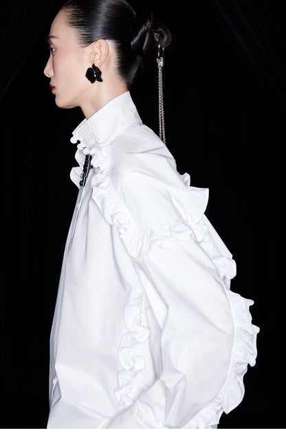 M essential Mackay designer white cotton three-dimensional ruffle trim shirt -  Tori.